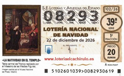 Anverso del d&eacute;cimo 08293 de la Loter&iacute;a de Navidad 2026, de Laudio (&Aacute;lava)